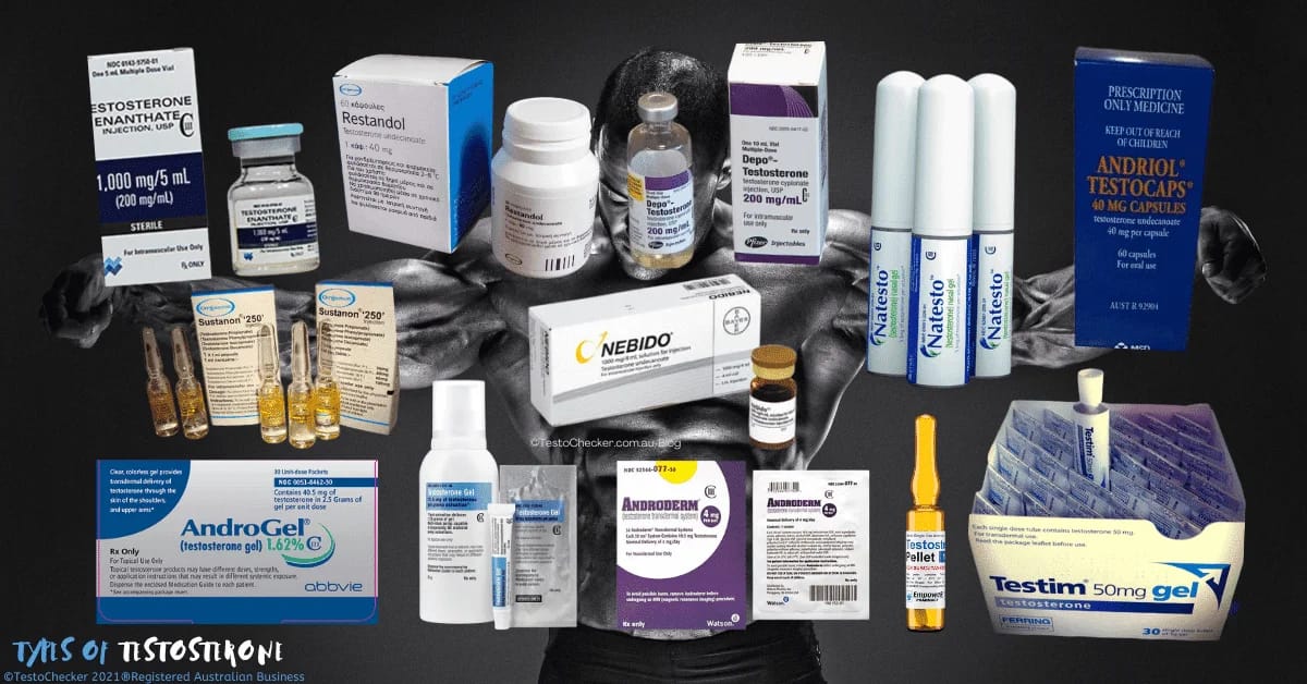 collage of testosterone brand packaging