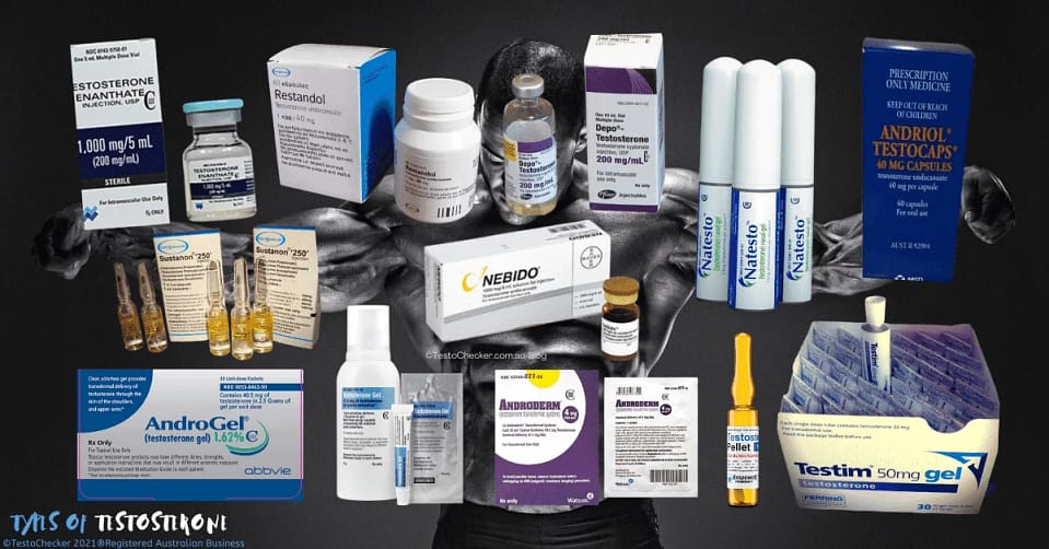 collage of testosterone brand packaging