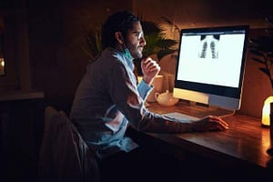 tired doctor reviews scans on night shift